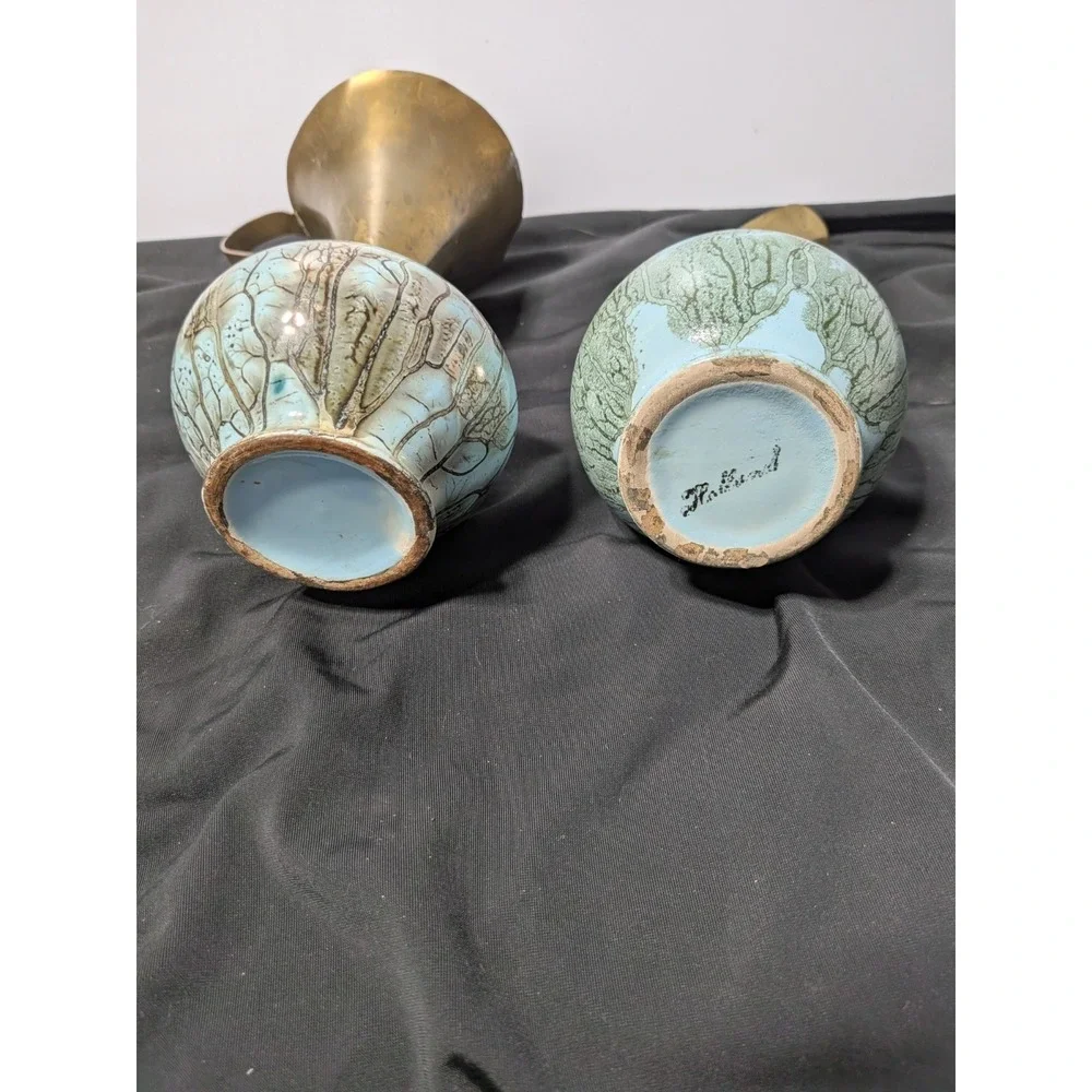 Vintage Holland Gouda Pottery Brass Pitchers Vases Pair